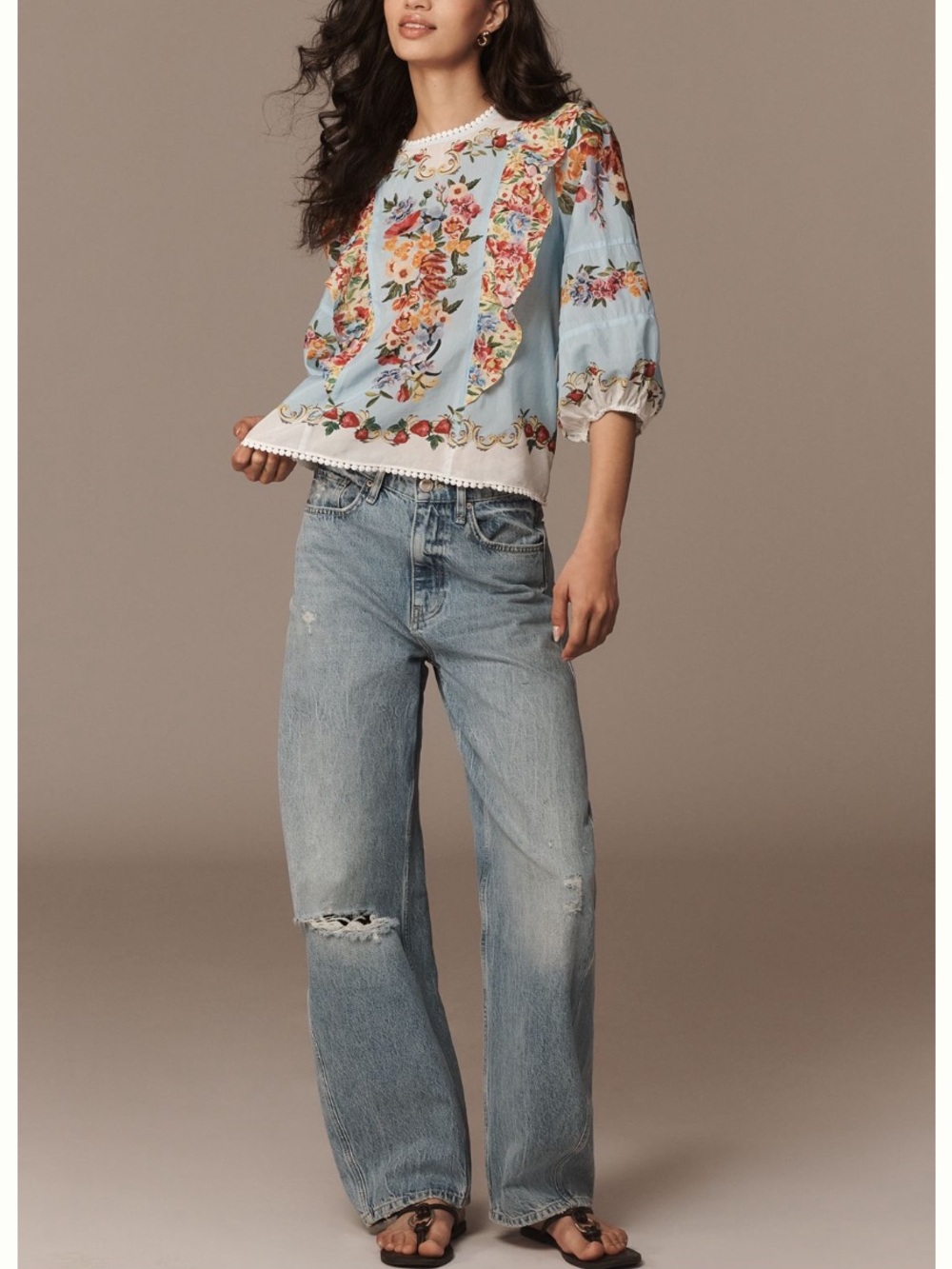 🟤NWT FARM RIO x ANTHROPOLOGIE Bubble Sleeve Top in Garden Terrace Print LARGE - Picture 4 of 5